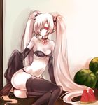  aki_(o2x_x2o) ass bad_id bad_pixiv_id bare_shoulders breasts choker cleavage elbow_gloves food fruit gloves hair_over_one_eye heart heart-shaped_lock heart_lock_(kantai_collection) jewelry kantai_collection lock long_hair navel necklace pale_skin red_eyes shinkaisei-kan sitting solo southern_ocean_oni star thighhighs twintails very_long_hair watermelon white_hair yokozuwari 