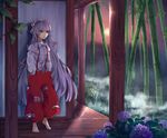  bamboo bamboo_forest barefoot bow cigarette flower forest fujiwara_no_mokou hachimitsu_ame_(phoenix) hair_bow hair_ribbon hands_in_pockets hydrangea juliet_sleeves leaning long_hair long_sleeves nature pants puffy_sleeves red_eyes ribbon shirt silver_hair solo standing sunset suspenders touhou tress_ribbon veranda very_long_hair wall 