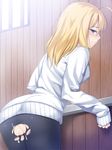  after_sex ahoge artoria_pendragon_(all) ass black_legwear blonde_hair blush breasts cum fate/stay_night fate_(series) from_behind green_eyes hair_down highres looking_at_viewer looking_back medium_breasts pantyhose saber skylader sleeves_past_wrists solo sweater torn_clothes torn_legwear 