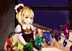  alternate_hairstyle ascot blonde_hair couch faux_traditional_media flandre_scarlet hair_ornament hoshiko_(superparadox) looking_at_viewer night red_eyes shirt short_hair sitting smile solo superparadox touhou window wings 