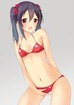  bare_shoulders bikini black_hair blush bow earrings hair_bow jewelry looking_at_viewer love_live! love_live!_school_idol_project navel ok-ray open_mouth red_bikini red_eyes simple_background solo swimsuit twintails yazawa_nico 