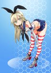  :&lt; bad_id bad_pixiv_id bare_shoulders bent_over blonde_hair chestnut_mouth elbow_gloves gloves green_eyes hex_grid high_heels highres kantai_collection long_hair rantia shimakaze_(kantai_collection) skirt solo striped striped_legwear thighhighs thighs 