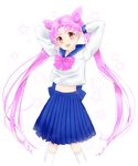 :d arms_behind_head back_bow bad_id bad_pixiv_id bishoujo_senshi_sailor_moon blue_sailor_collar blush bow chibi_usa double_bun earrings highres jewelry kago-s long_hair midriff older open_mouth pink_eyes pink_hair pleated_skirt sailor_collar school_uniform serafuku skirt smile solo star teenage twintails very_long_hair white_background 