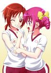  drill_hair elbow_pads grin gym_uniform hair_ribbon hino_akane_(smile_precure!) hoshizora_miyuki multiple_girls one_eye_closed open_mouth pink_eyes pink_hair precure red_eyes red_hair ribbon senzoc shirt short_hair short_twintails shorts single_vertical_stripe smile smile_precure! standing twin_drills twintails 