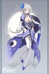  blue_eyes breasts cleavage copyright_name elbow_gloves flower gloves groin hair_flower hair_ornament holding jewelry large_breasts long_hair necklace pixiv_fantasia pixiv_fantasia_fallen_kings ryuuzaki_ichi silver_hair solo thighhighs umbrella white_legwear 