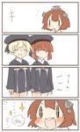  3girls 4koma bad_id bad_twitter_id blonde_hair blush brown_eyes brown_hair chibi comic dress hair_ornament hat kantai_collection multiple_girls open_mouth rebecca_(keinelove) red_hair sailor_collar sailor_dress sailor_hat short_hair simple_background smile trait_connection translated yukikaze_(kantai_collection) z1_leberecht_maass_(kantai_collection) z3_max_schultz_(kantai_collection) 