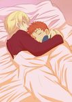  bed blonde_hair cuddling emiya_shirou fate/stay_night fate_(series) gilgamesh male_focus multiple_boys pillow sleeping smile under_covers urako yaoi 
