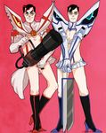  black_hair blue_eyes blue_hair crossdressing dockge gloves highres kamui_(kill_la_kill) kill_la_kill medi_gun multicolored_hair multiple_boys parody planted_weapon red_hair revealing_clothes saw streaked_hair team_fortress_2 the_medic two-tone_hair weapon 