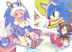  bad_id bad_pixiv_id bed breast_rest breasts cleavage cosplay costume crossover cup hat large_breasts namesake nitroplus pillow pink_hair red_eyes shadow_the_hedgehog sonic sonic_the_hedgehog stuffed_toy super_sonico 