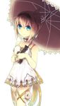  aoi_koto_madoka black_choker blonde_hair blue_eyes choker edna_(tales) expressionless flower gloves hair_ribbon hairband leg_ribbon ribbon short_hair side_ponytail single_glove skirt solo standing tales_of_(series) tales_of_zestiria tress_ribbon umbrella white_background white_skirt 