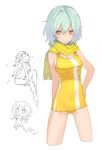  blue_hair breasts brown_eyes cleavage covered_navel cropped_legs hand_on_hip looking_at_viewer medium_breasts noco_(adamas) one-piece_swimsuit original scarf short_hair simple_background solo swimsuit yellow_scarf 