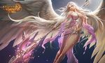  angel angel_wings breasts copyright_name large_breasts large_wings league_of_angels long_hair polearm realistic rike_lee see-through silver_hair solo spear weapon wings yellow_eyes 