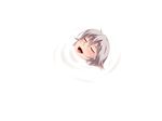  bangs blush closed_eyes commentary cum cum_bath eyes grey_hair happy hayashi_custom izayoi_sakuya no_headwear open_mouth partially_submerged ripples silver_hair simple_background solo teeth touhou white_background 