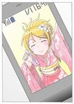  bad_id bad_pixiv_id blonde_hair cellphone cellphone_picture closed_eyes highres japanese_clothes kimono kousaka_kirino long_hair official_style ore_no_imouto_ga_konna_ni_kawaii_wake_ga_nai phone sakaki_youma smile traditional_media 