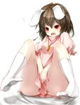  animal_ears blush bunny_ears carrot dress fang gorilla_(bun0615) highres inaba_tewi open_mouth red_eyes short_hair simple_background solo tears touhou white_background white_legwear 