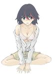  absurdres bad_id bad_pixiv_id barefoot black_hair blue_eyes bra breasts butterfly_sitting casual cleavage collarbone highlights highres hummingbird_(artist) kill_la_kill matoi_ryuuko medium_breasts multicolored_hair off_shoulder open_clothes open_shirt shirt shorts sitting solo striped striped_bra underboob underwear 