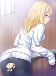  ahoge artoria_pendragon_(all) ass black_legwear blonde_hair blush breasts fate/stay_night fate_(series) from_behind green_eyes hair_down highres looking_at_viewer looking_back medium_breasts pantyhose saber skylader sleeves_past_wrists solo sweater torn_clothes torn_legwear 