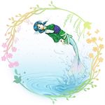  arched_back arms_at_sides blue_eyes blue_hair drill_hair head_fins japanese_clothes jumping kimono kurage_(artist) looking_at_viewer mermaid monster_girl obi parted_lips sash short_hair simple_background solo touhou twin_drills twintails wakasagihime water white_background 