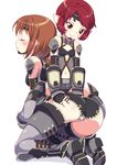  armor ass ass_grab blush brown_eyes brown_hair closed_eyes elbow_gloves elf fingerless_gloves gauntlets gloves grabbing_another's_ass greaves groping headband kneeling leotard master_of_epic multiple_girls pointy_ears red_hair senzoc smile thighhighs white_background yuri 