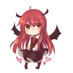  :o ahoge bat_wings book boots chibi dress full_body head_wings heart knee_boots koakuma kudukimii long_hair long_sleeves looking_at_viewer necktie red_eyes red_hair simple_background solo touhou white_background wings 