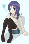  black_legwear blue_eyes braid denim denim_skirt hiradaira_chisaki long_hair long_legs looking_at_viewer nagi_no_asukara no_shoes pencil_skirt purple_hair shadow sitting skirt smile solo thighhighs x_k_o 