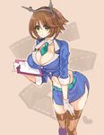  aki_(o2x_x2o) alternate_costume bad_id bad_pixiv_id breasts brown_hair cleavage clipboard gloves green_eyes hairband kantai_collection large_breasts leaning_forward midriff mutsu_(kantai_collection) navel necktie open_mouth short_hair solo thighhighs 