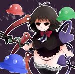  arano_oki asymmetrical_wings black_hair bow bowtie breasts curvy frilled_legwear grin houjuu_nue impossible_clothes impossible_shirt large_breasts looking_at_viewer no_pants plump polearm red_eyes shirt short_hair smile solo thigh_gap thighhighs touhou trident ufo underwear weapon wings 