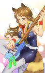  alternate_costume animal_ears boots brown_eyes brown_hair cosplay electric_guitar futatsuiwa_mamizou glasses guitar highres instrument macross macross_7 nekki_basara nekki_basara_(cosplay) raccoon_ears raccoon_tail shirane_koitsu sitting smile solo tail thigh_boots thighhighs touhou 