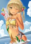  animal animal_in_clothes bad_id bad_pixiv_id bikini bikini_pull bikini_tan blonde_hair blush breasts cleavage cloud crab day dutch_angle hair_bobbles hair_half_undone hair_ornament long_hair medium_breasts messy_hair mountain navel one_eye_closed open_mouth original saliva seaweed side-tie_bikini sky solo starfish striped striped_bikini swimsuit tan tanline tears untied untied_bikini wading water wet wince yellow_eyes yoropa 