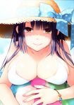  :0 absurdres ball beachball bikini blue_hair bracelet breast_press breasts brown_eyes cleavage ginta hat highres jewelry large_breasts long_hair original solo straw_hat swimsuit white_bikini 