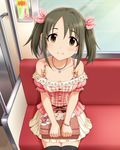  artist_request bag bangs bare_shoulders black_legwear blush bow bracelet brown_eyes brown_hair ground_vehicle hair_bow idolmaster idolmaster_cinderella_girls imai_kana jewelry long_hair looking_at_viewer necklace off_shoulder official_art open_mouth plaid skirt smile solo subway thighhighs train_interior twintails 