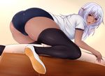  annoyed ass bad_id bad_pixiv_id black_legwear breasts dark_skin gym_uniform large_breasts long_hair looking_at_viewer looking_back original pointy_ears red_eyes saogokushi silver_hair solo thick_thighs thighhighs thighs 