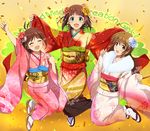  amami_haruka antenna_hair arm_up blush brown_hair closed_eyes confetti flower fur_trim furisode green_eyes hagiwara_yukiho hair_flower hair_ornament hidaka_ai highres hina_(araburu-hinadori) idolmaster idolmaster_(classic) idolmaster_dearly_stars japanese_clothes jumping kimono looking_at_viewer multiple_girls new_year obi open_mouth sash short_hair slippers socks white_legwear yellow_eyes 