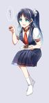  aki_(neyuki41028) alternate_costume blue_eyes blue_hair dress gelatin highres hiradaira_chisaki long_hair nagi_no_asukara plate sailor_dress school_uniform serafuku side_ponytail socks spoon 