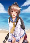  bangs beach blue_sky brown_eyes brown_hair cannon cloud day dress hair_ornament kantai_collection mitsucho open_mouth outdoors sailor_dress sand short_hair sitting sky smile solo torpedo turret water yukikaze_(kantai_collection) 