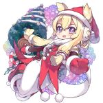  1girl azur_lane bangs blonde_hair candy candy_cane christmas christmas_tree eyebrows_visible_through_hair food fur_trim gloves hair_between_eyes hat leggings long_hair open_mouth pikomarie purple_eyes red_gloves santa_costume santa_hat scarf warspite_(azur_lane) white_legwear 