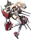  armband bismarck_(kantai_collection) blonde_hair blush boots breasts brown_gloves cannon detached_sleeves full_body gloves grey_eyes grey_footwear grey_legwear hat hat_removed headwear_removed kantai_collection long_hair mecha_musume medium_breasts official_art open_mouth peaked_cap shimada_fumikane solo thighhighs torn_clothes torn_legwear transparent_background 