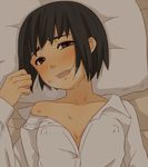  black_eyes black_hair blush breasts covered_nipples kiiroi_tamago looking_at_viewer lying on_back open_mouth short_hair small_breasts solo sweat 
