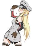  bismarck_(kantai_collection) blonde_hair blush breasts brown_gloves detached_sleeves flying_sweatdrops from_behind gloves grey_legwear hand_on_headwear hat kantai_collection long_hair looking_back medium_breasts natsuki_tomosuke open_mouth peaked_cap sketch solo thighhighs 
