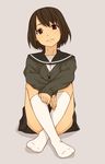  bob_cut brown_hair cardigan kiiroi_tamago kneehighs looking_at_viewer no_shoes original school_uniform serafuku short_hair simple_background skirt smile solo white_legwear 