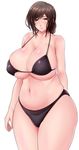  arm_behind_back bad_id bad_pixiv_id bare_shoulders bikini black_bikini breasts brown_eyes brown_hair cleavage curvy glasses huge_breasts looking_at_viewer navel original saogokushi short_hair simple_background solo swimsuit thick_thighs thighs white_background wide_hips 