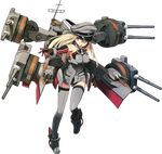  bismarck_(kantai_collection) blonde_hair boots breasts brown_gloves cannon detached_sleeves full_body gloves grey_eyes grey_footwear grey_legwear hat kantai_collection large_breasts long_hair mecha_musume official_art open_mouth peaked_cap shimada_fumikane solo thighhighs transparent_background 