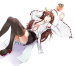  ahoge armpits black_legwear blush boots breasts brown_hair cleavage closed_eyes commentary_request cup hair_bun headgear highres kantai_collection knees_up kongou_(kantai_collection) long_hair lying makkori medium_breasts nontraditional_miko on_back ribbon-trimmed_sleeves ribbon_trim sleeping solo spill tea teacup thigh_boots thighhighs transparent_background 