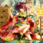  animal_ears ayakashi_hyakkiyakou barefoot bell cat cat_ears green_eyes holding_needle japanese_clothes jingle_bell kasugaya_(howafuwacat) kimono lolita_fashion maneki-neko needle obi one_knee original pincushion purple_hair sash sewing short_hair smile solo sparkle thread toeless_legwear toes wa_lolita 