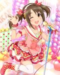  ;d artist_request balloon bangs bare_shoulders boots bow brown_eyes brown_hair hair_bow hairband idolmaster idolmaster_cinderella_girls imai_kana long_hair looking_at_viewer microphone microphone_stand official_art one_eye_closed open_mouth plaid skirt smile solo thighhighs twintails white_legwear wrist_cuffs zettai_ryouiki 