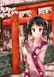  absurdres cherry_blossoms flower fushimi_inari hair_flower hair_ornament highres inari_konkon_koi_iroha. japanese_clothes kimono nikitan_(niki) red_eyes solo torii twintails 