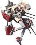  armband bismarck_(kantai_collection) blonde_hair blush boots breasts brown_gloves cannon detached_sleeves full_body gloves grey_eyes grey_footwear grey_legwear hat hat_removed headwear_removed iron_cross kantai_collection long_hair mecha_musume medium_breasts official_art open_mouth panties peaked_cap shimada_fumikane side-tie_panties solo thighhighs torn_clothes torn_legwear transparent_background underwear 