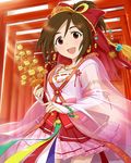  alternate_costume artist_request bow bracelet bridal_gauntlets brown_eyes brown_hair doumyouji_karin earrings hair_bow idolmaster idolmaster_cinderella_girls japanese_clothes jewelry messy_hair necklace official_art ponytail smile solo 