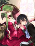  1girl bare_shoulders black_hair blush breasts c.c. choker cleavage code_geass creayus dress gloves green_hair hand_kiss kiss lelouch_lamperouge long_hair medium_breasts open_mouth purple_eyes red_dress sitting white_day white_gloves yellow_eyes 