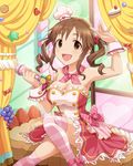  artist_request breasts brown_hair cake chef_hat cleavage dress drill_hair food fruit hair_bobbles hair_ornament hat idolmaster idolmaster_cinderella_girls jpeg_artifacts kneehighs large_breasts microphone official_art ribbon scarf smile star strawberry striped striped_legwear thighhighs totoki_airi twintails wrist_cuffs 